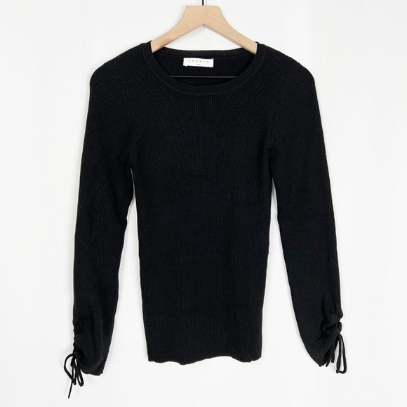 Sandro Paris Wool Blend Ribbed Knit Fitted Lace Up Long Sleeve Crew Neck Sweater - Picture 7 of 7